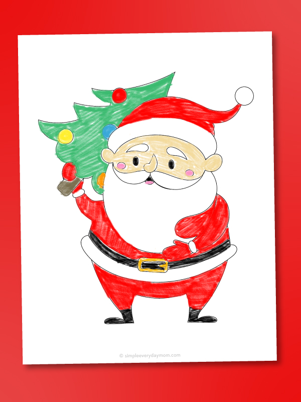 santa with christmas tree coloring page