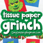 Grinch tissue paper craft image collage with the word tissue paper grinch