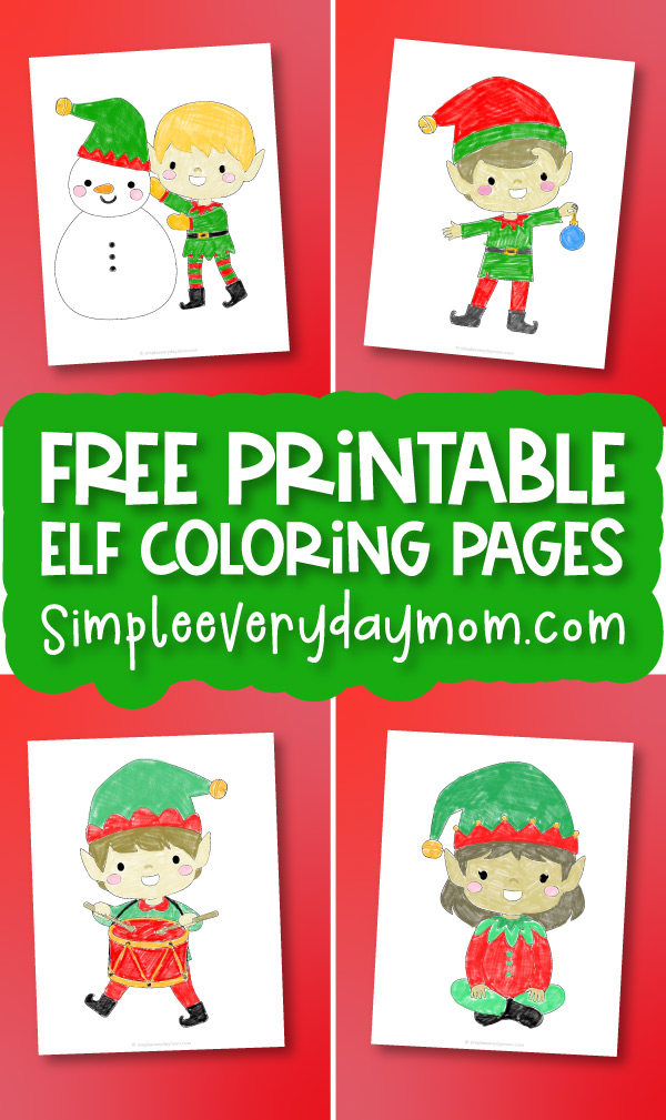 elf coloring page image collage with the words free printable elf coloring pages