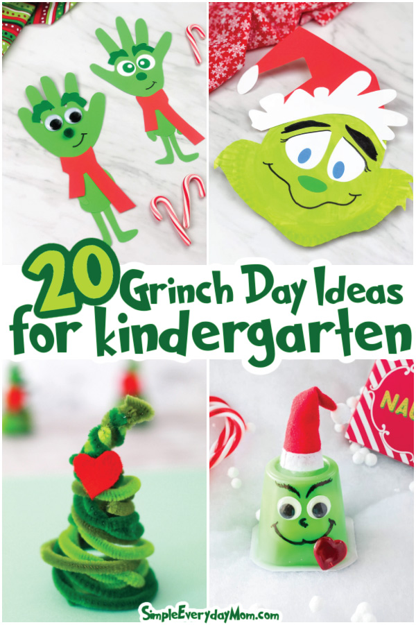 grinch day activities image collage with the words 20 grinch day ideas for kindergarten