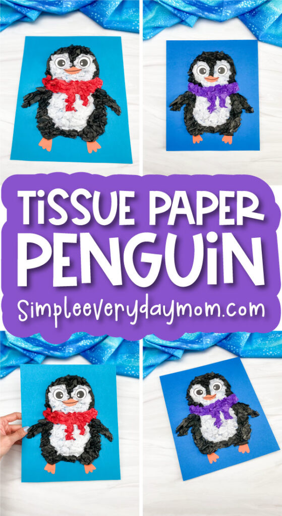 tissue paper penguin craft image collage with the words tissue paper penguin