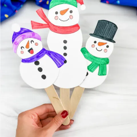 hand holding snowman stick puppets