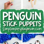 penguin stick puppets image collage with the words penguin stick puppets