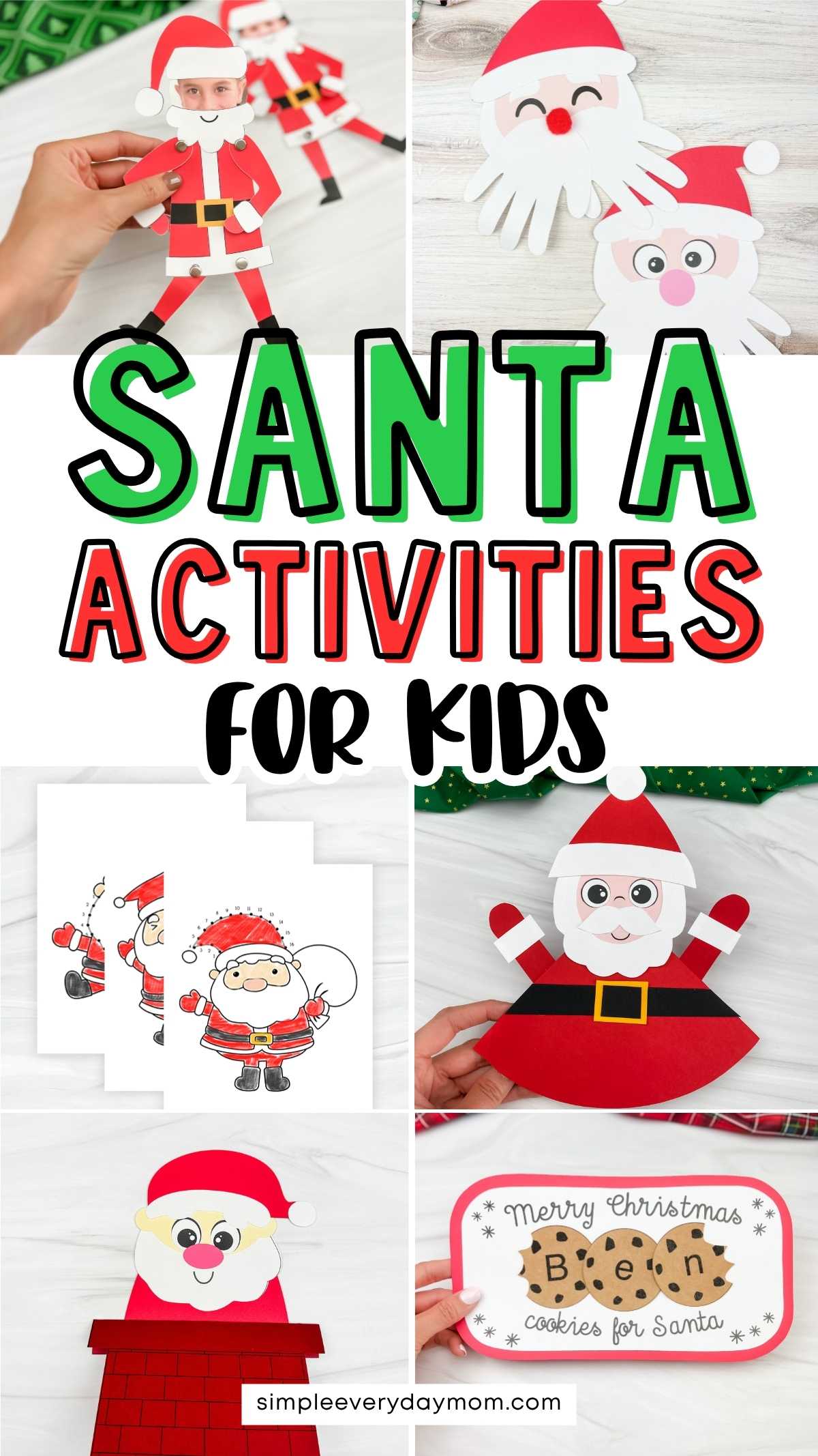 Various Santa Claus paper crafts for children shown on a white background with text reading “Santa Activities for Kids.”