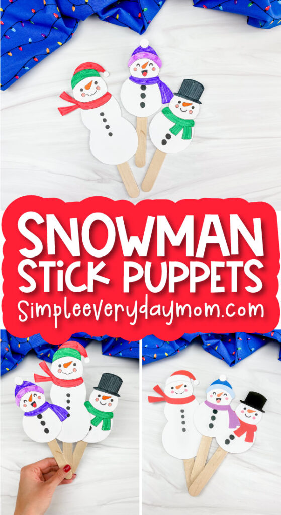 snowman stick puppets image collage with the words snowman stick puppets