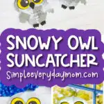 snowy owl sun catcher image collage with the words snowy owl suncatcher