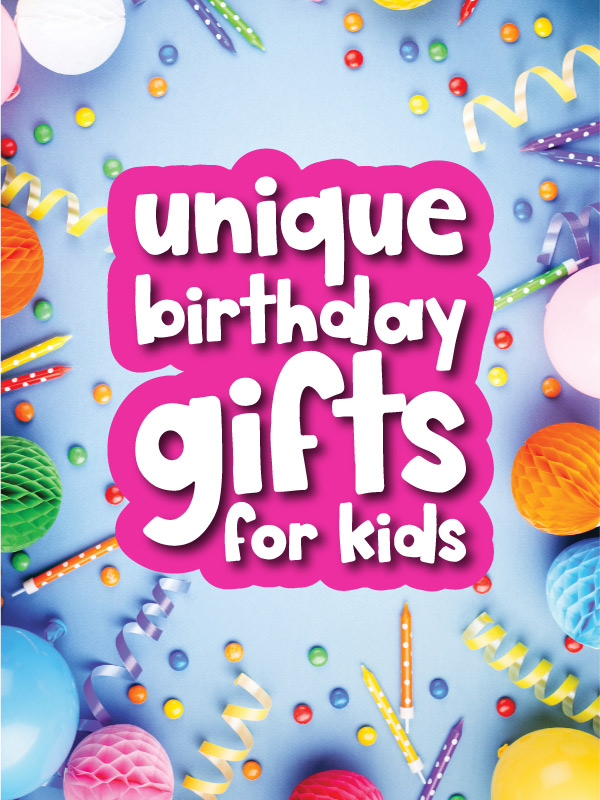 birthday background with the words unique birthday gifts for kids