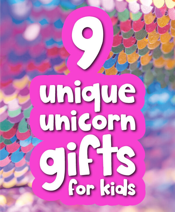 sequin background with the words 9 unique unicorn gifts for kids
