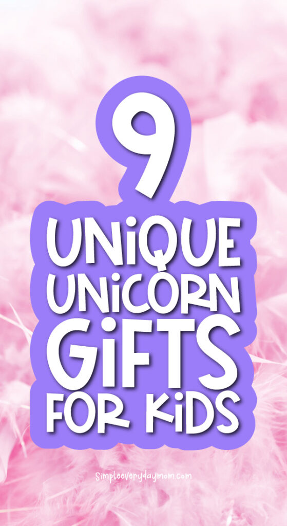 pink feather background with the words 9 unique unicorn gifts for kids