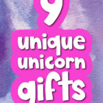 purple tie dye background with the words 9 unique unicorn gifts for kids