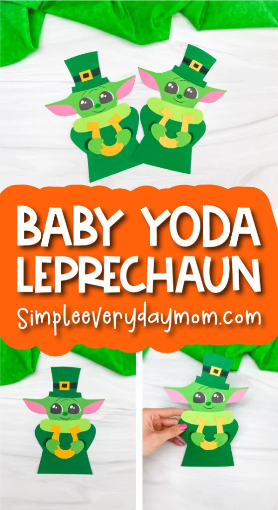 Yoda leperchaun craft image collage with the words baby Yoda leprechaun