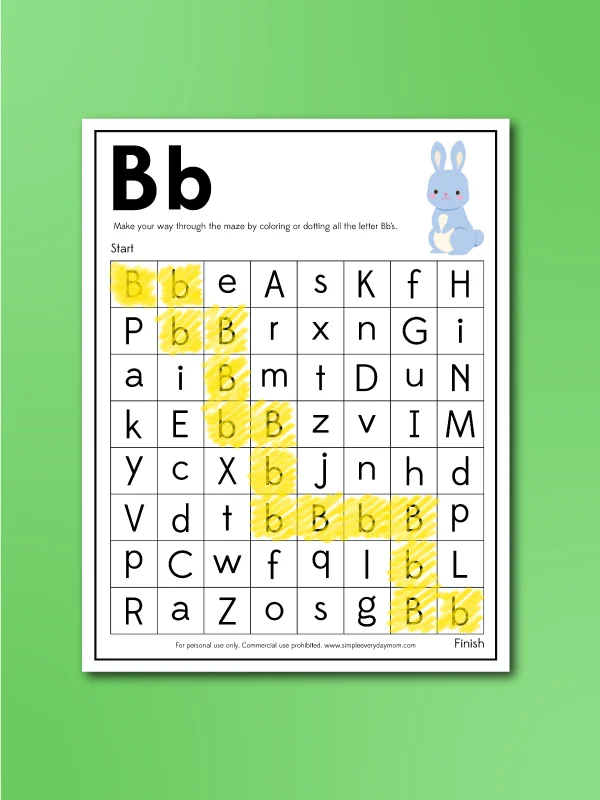 Easter bunny letter B maze printable