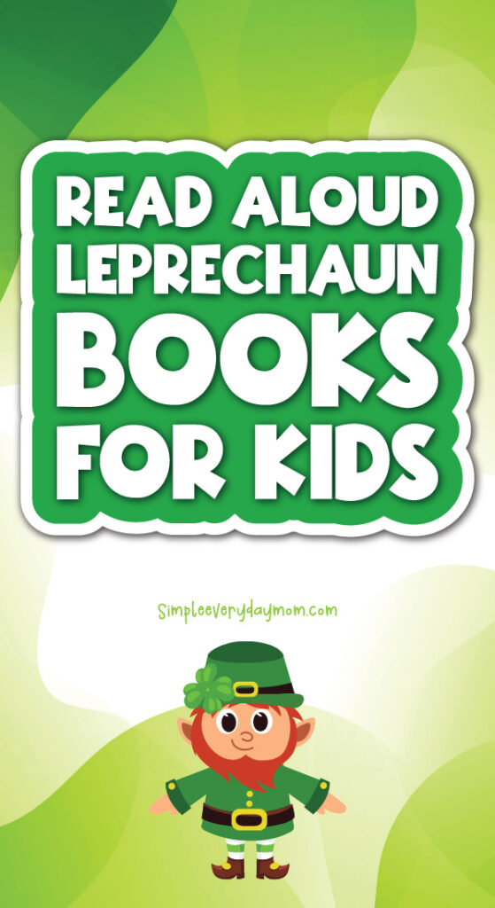 green gradient background with a cartoon leprechaun and the words read aloud leprechaun books for kids