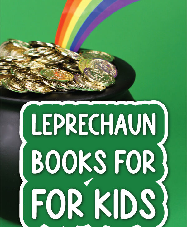 pot of gold and rainbow background with the words leprechaun books for kids