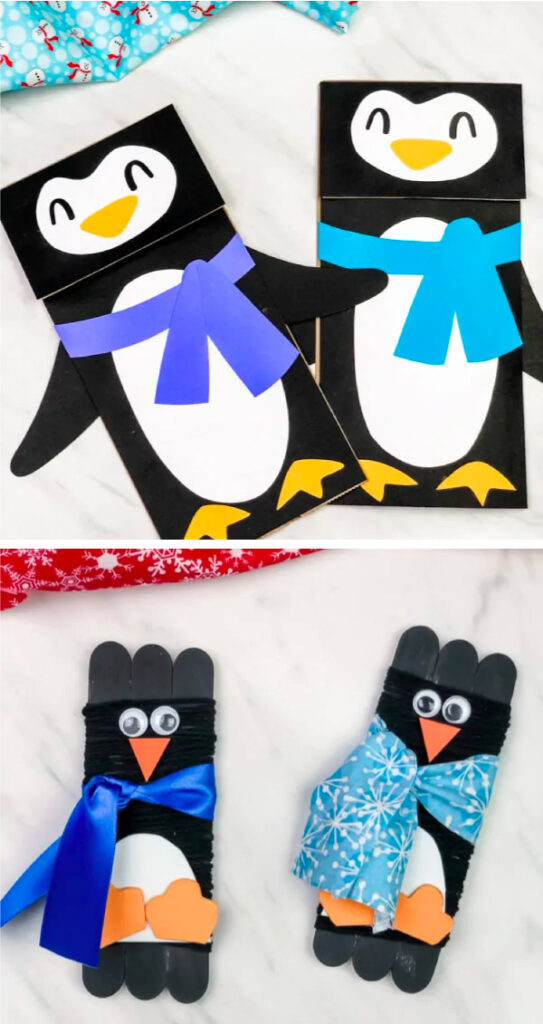 paper bag penguin and popsicle stick penguin