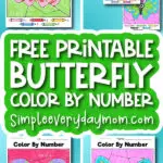 butterfly color by number image collage with the words free printable butterfly color by number