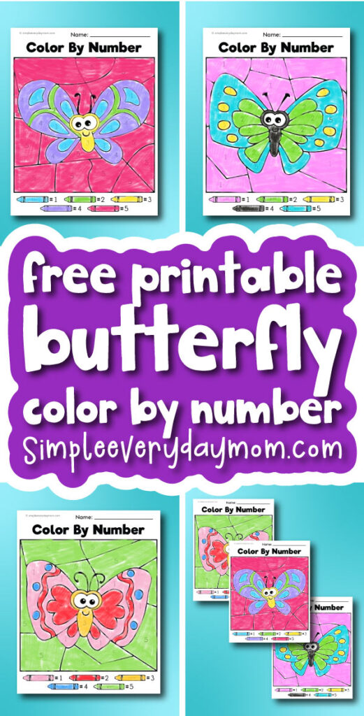 butterfly color by number image collage with the words free printable butterfly color by number