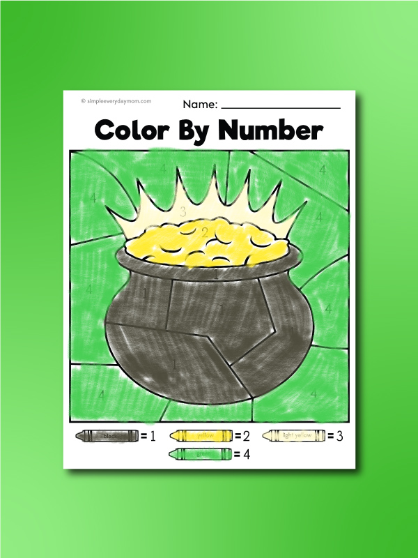 St. Patrick's Day pot of gold color by number printable