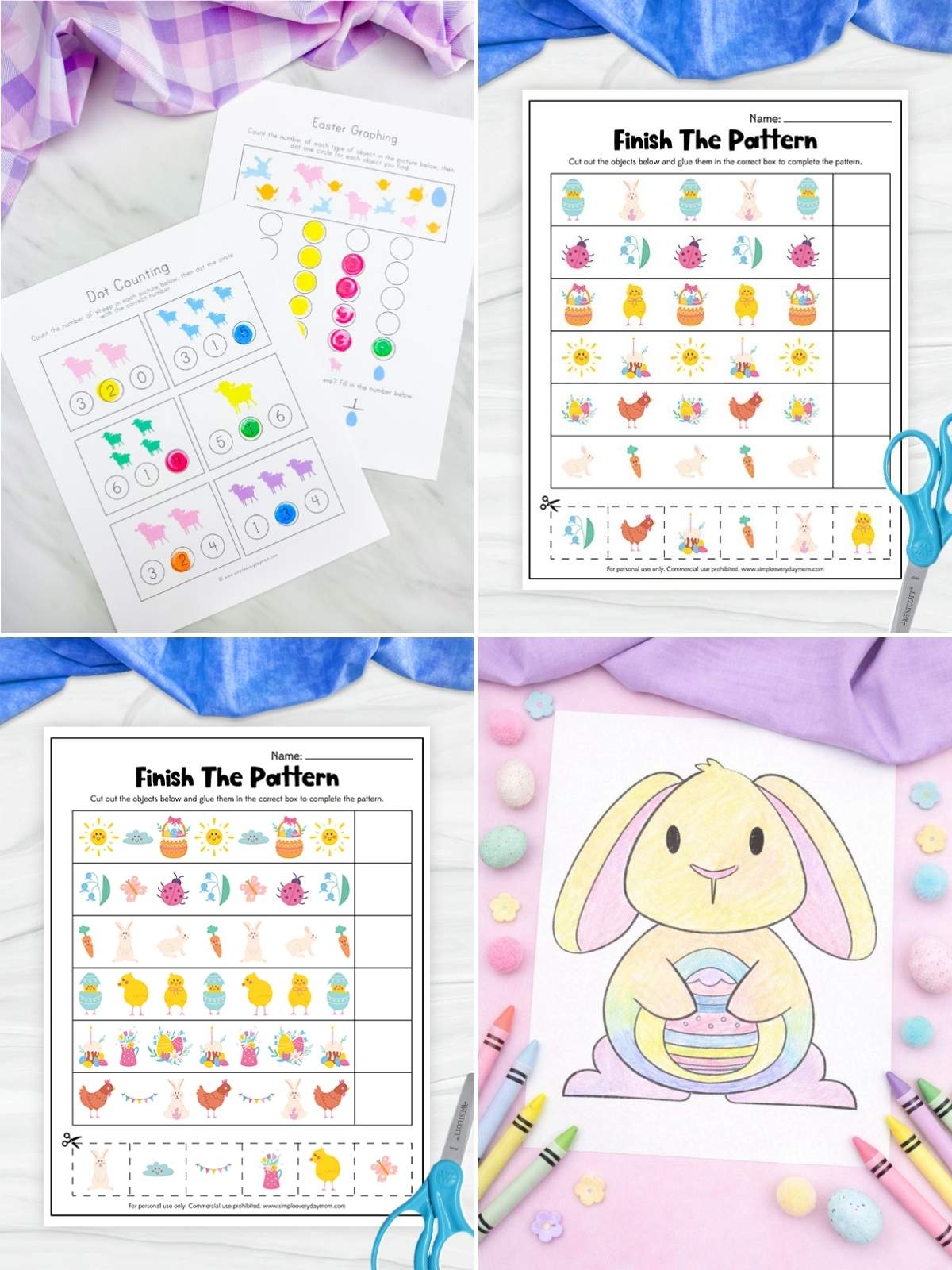Collage of Easter worksheets including counting, pattern activities, and a bunny coloring page with crayons.