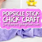 chick popsicle stick craft image collage with the words popsicle stick chick craft