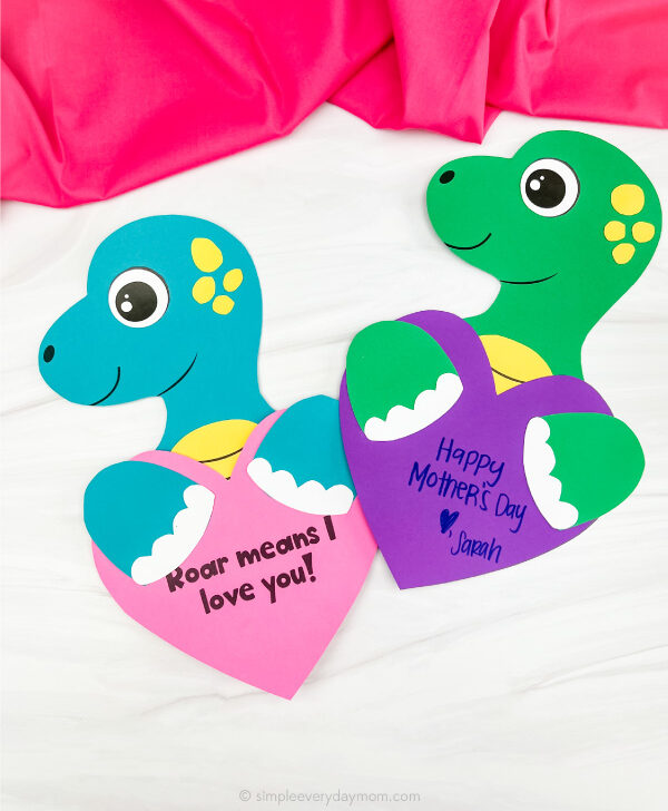 Featured image of two example finished Dinosaur Mother's Day Craft