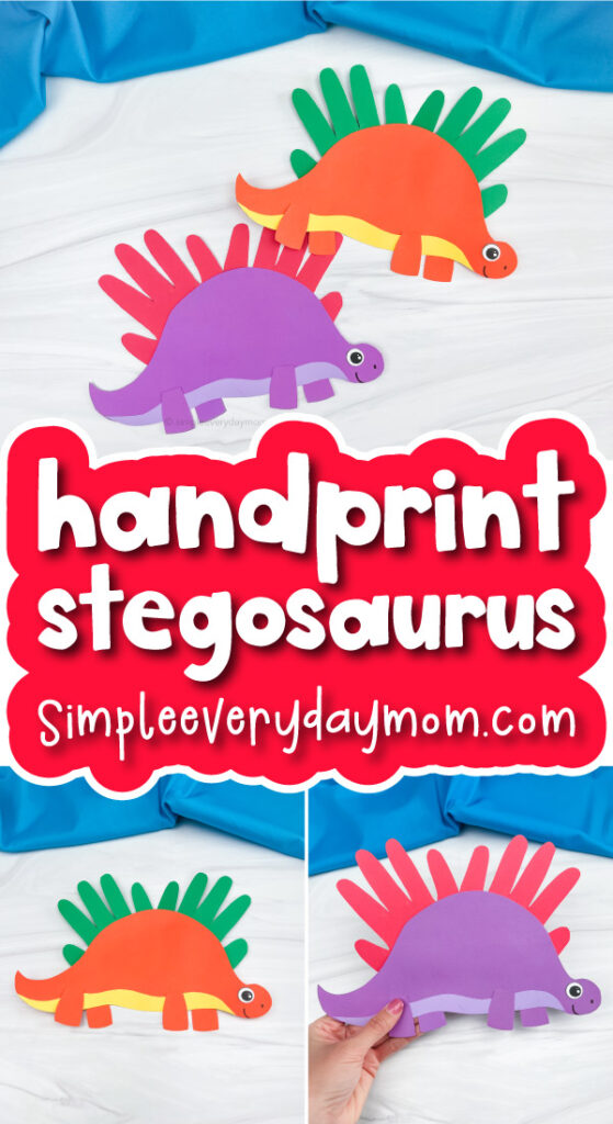 stegosaurus handprint craft image collage with the words handprint stegosaurus