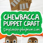 Chewbacca paper bag craft image collage with the words Chewbacca puppet craft