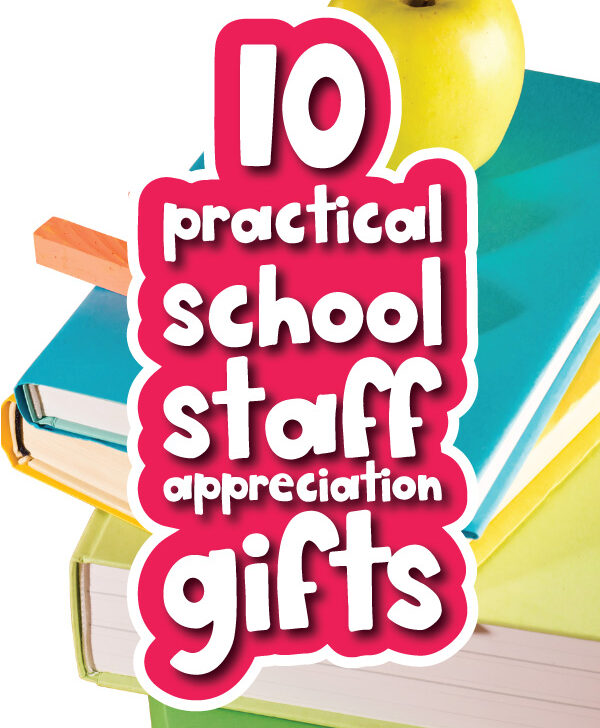 stack of books background with the words 10 practical school staff appreciation gifts
