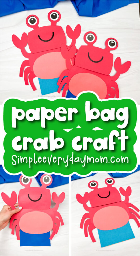 crab paper bag puppet craft image collage with the words paper bag crab craft