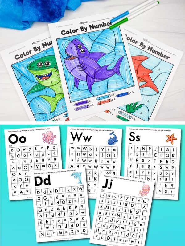 shark color by numbers and ocean animal letter maze image collage