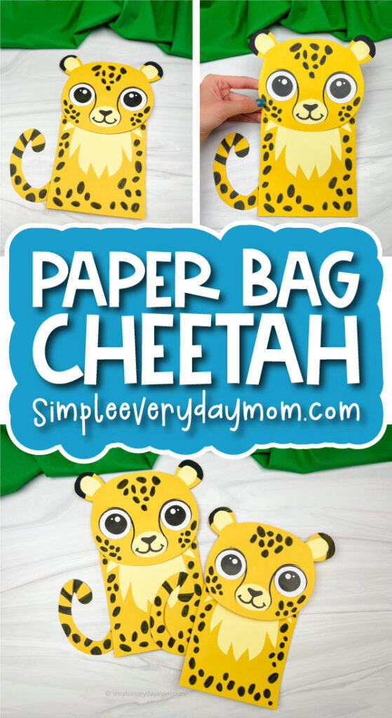cheetah puppet craft image collage with the words paper bag cheetah