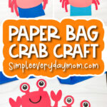 crab paper bag puppet craft image collage with the words paper bag crab craft
