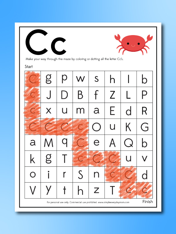 C is for crab letter maze worksheet