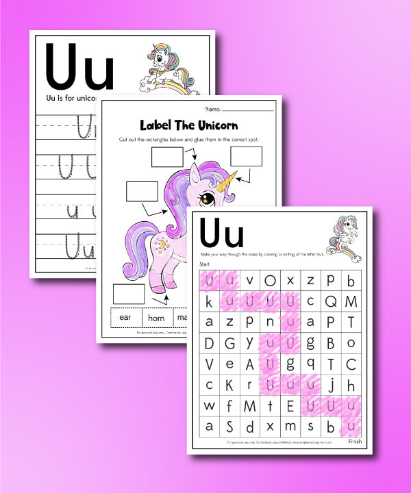 3 unicorn worksheets for kids