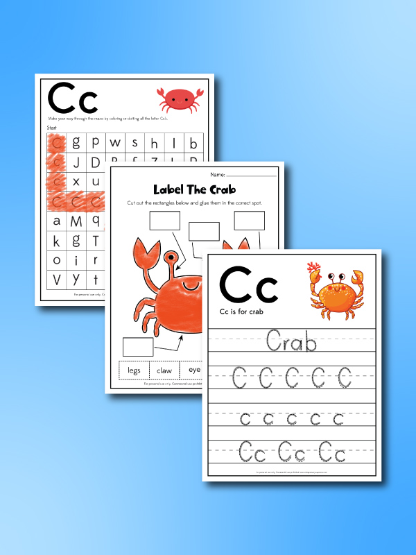 three crab worksheets for kids