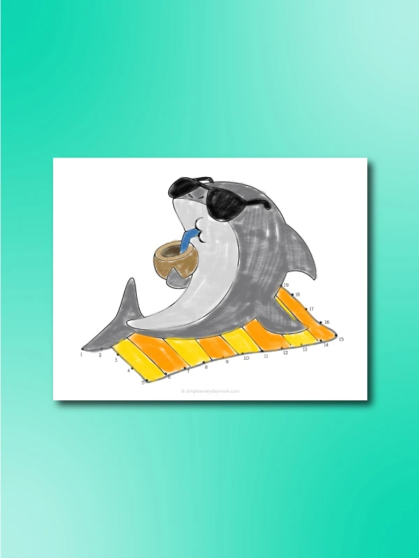 shark laying on beach towel sipping coconut water onnect the dots worksheet