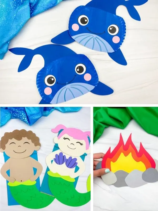paper plate whale, paper bag mermaid, and paper campfire craft image collage