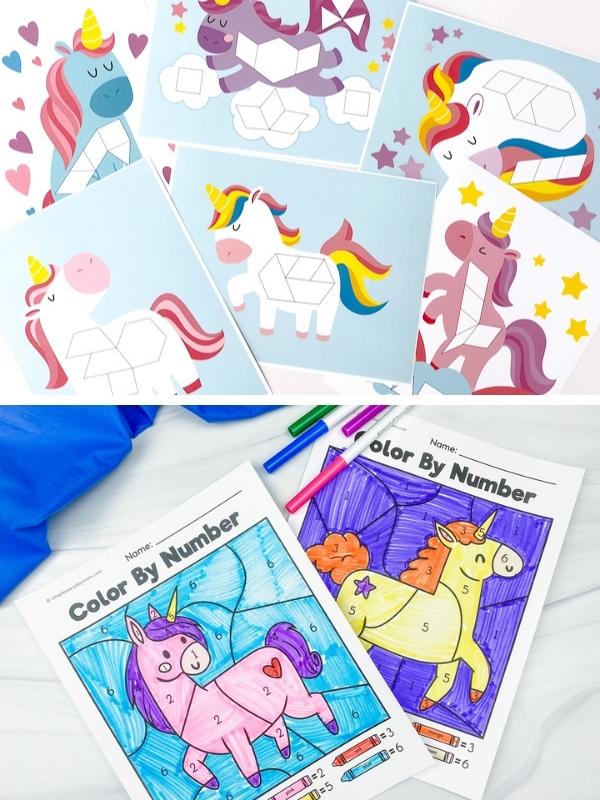 unicorn pattern block mats and unicorn color by numbers
