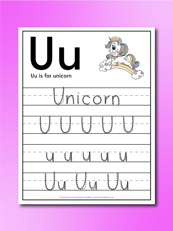 letter U is for unicorn handwriting page