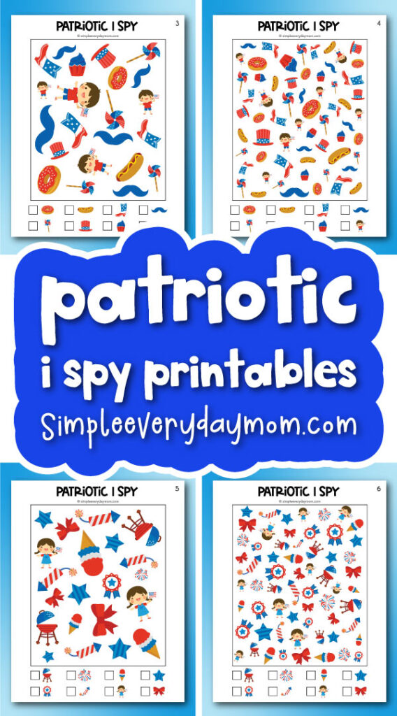 4th of July I spy printables image collage with the words patriotic I Spy printables
