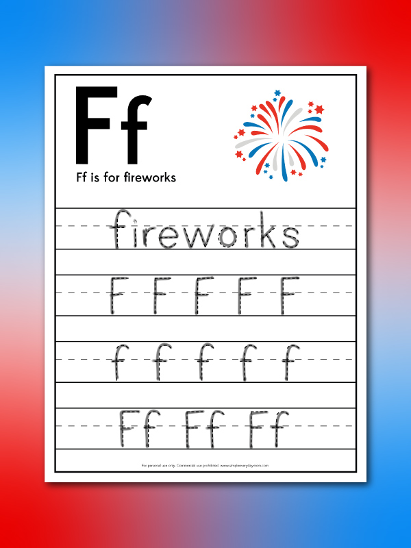 F is for fireworks handwriting page