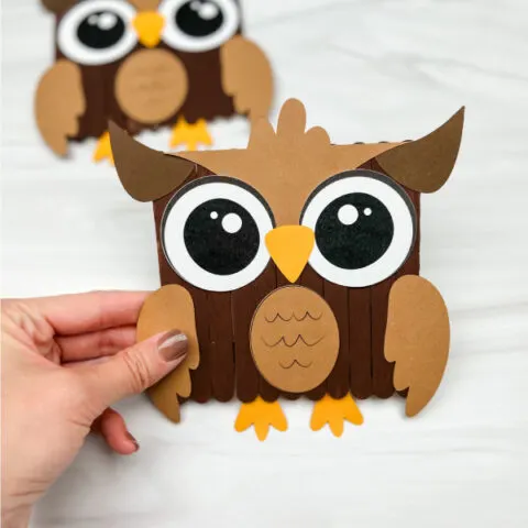 hand holding owl popsicle stick craft with another one in the background