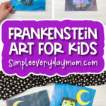 Frankenstein watercolor art image collage with the words Frankenstein art for kids