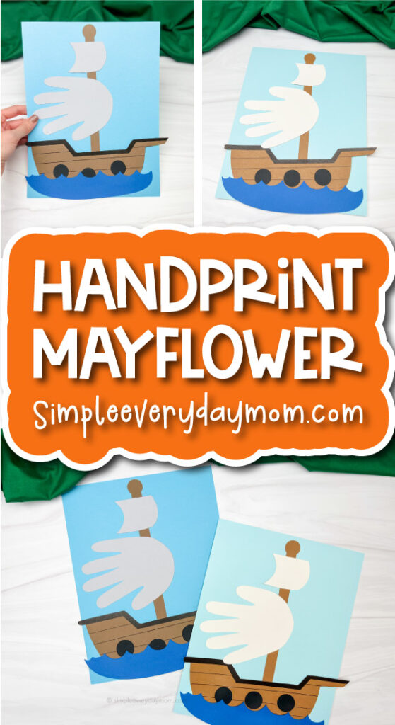 Thanksgiving kids' craft image collage with the words handprint Mayflower