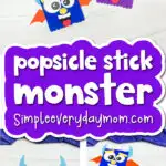 monster kids' craft image collage with the words popsicle stick monster