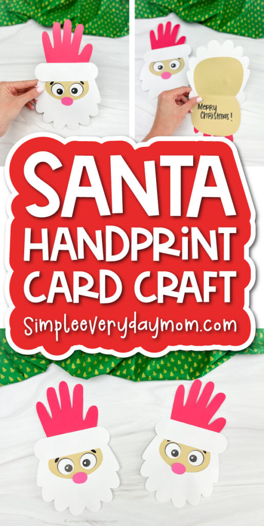 Santa handprint card craft title image with text and card craft in background
