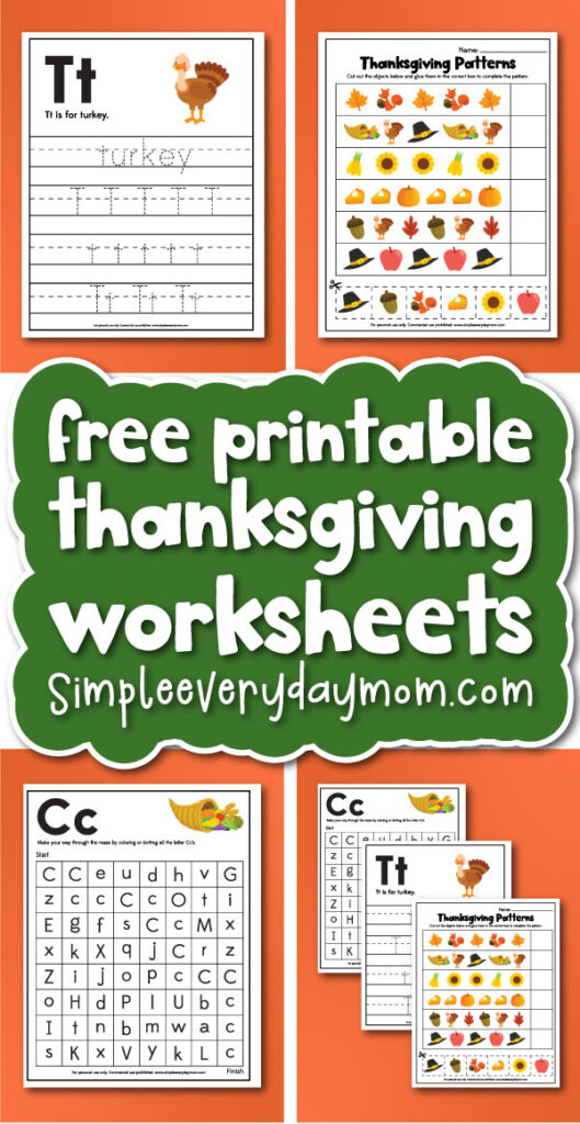 Thanksgiving worksheets image collage with the words free printable Thanksgiving worksheets