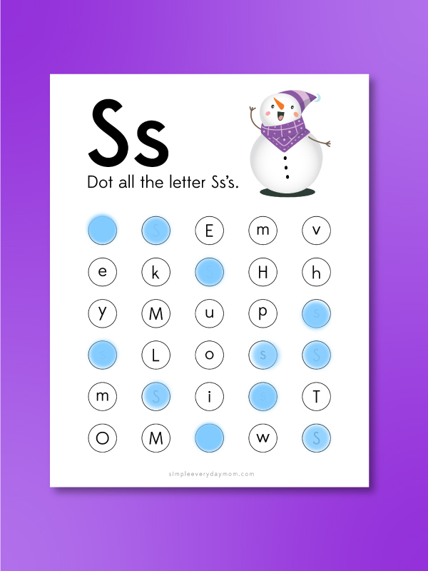 letter s for snowman dot worksheets