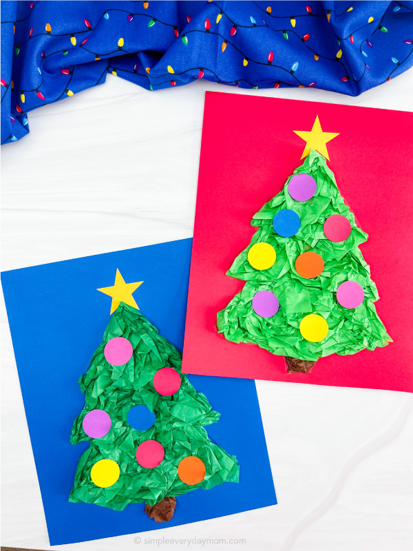 two versions of finished Christmas tree tissue paper craft