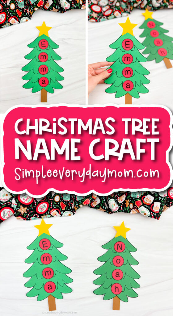 name craft for kids image collage with the words Christmas tree name craft